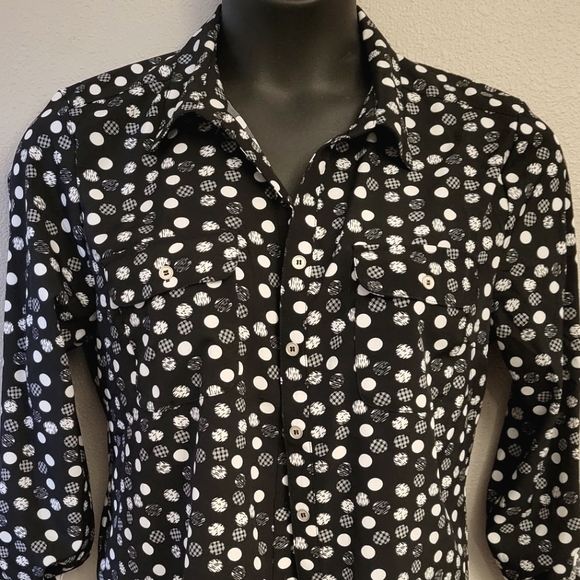 Black Notations Button Down White Polka Dot Dressy Blouse L - Picture 2 of 6